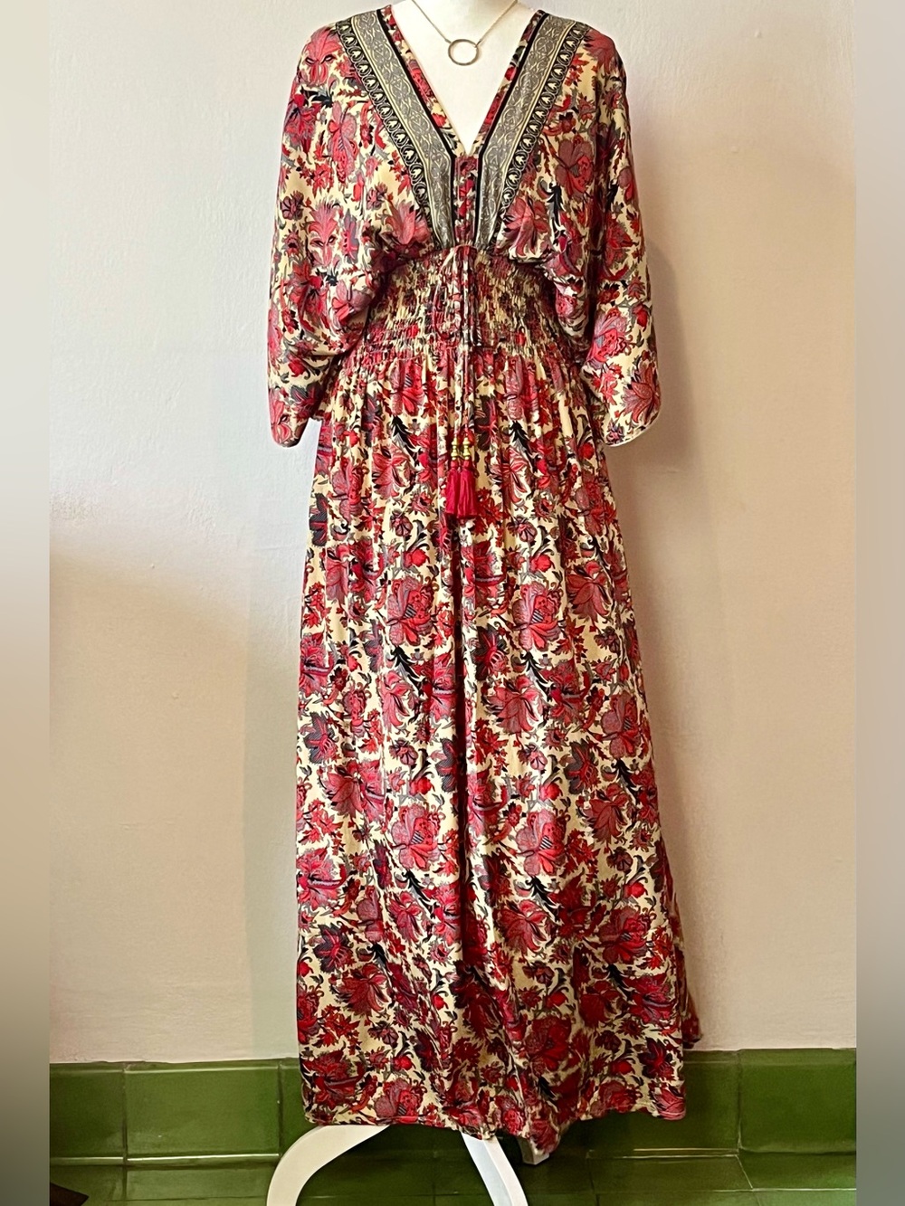 Coastal Boho Silk Blend Maxi Caftan Dress - Floral Paisley Red Cream